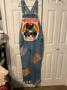 Woodstock Upcycled Graphic Handmade Women’s Denim Overalls Size Large